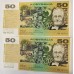 AUSTRALIA 1973 . FIFTY 50 DOLLARS BANKNOTE . PHILLIPS/WHEELER . ERROR . INK TRANSFER . CONSEC FOUR